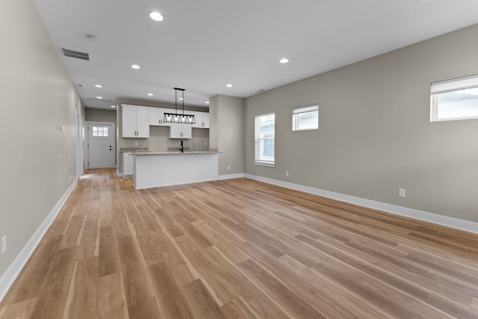 Open plan from living room to kitchen