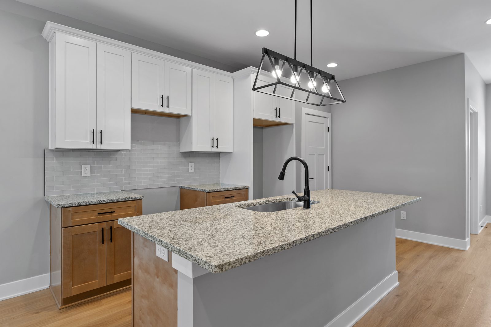 Granite island with pendant light