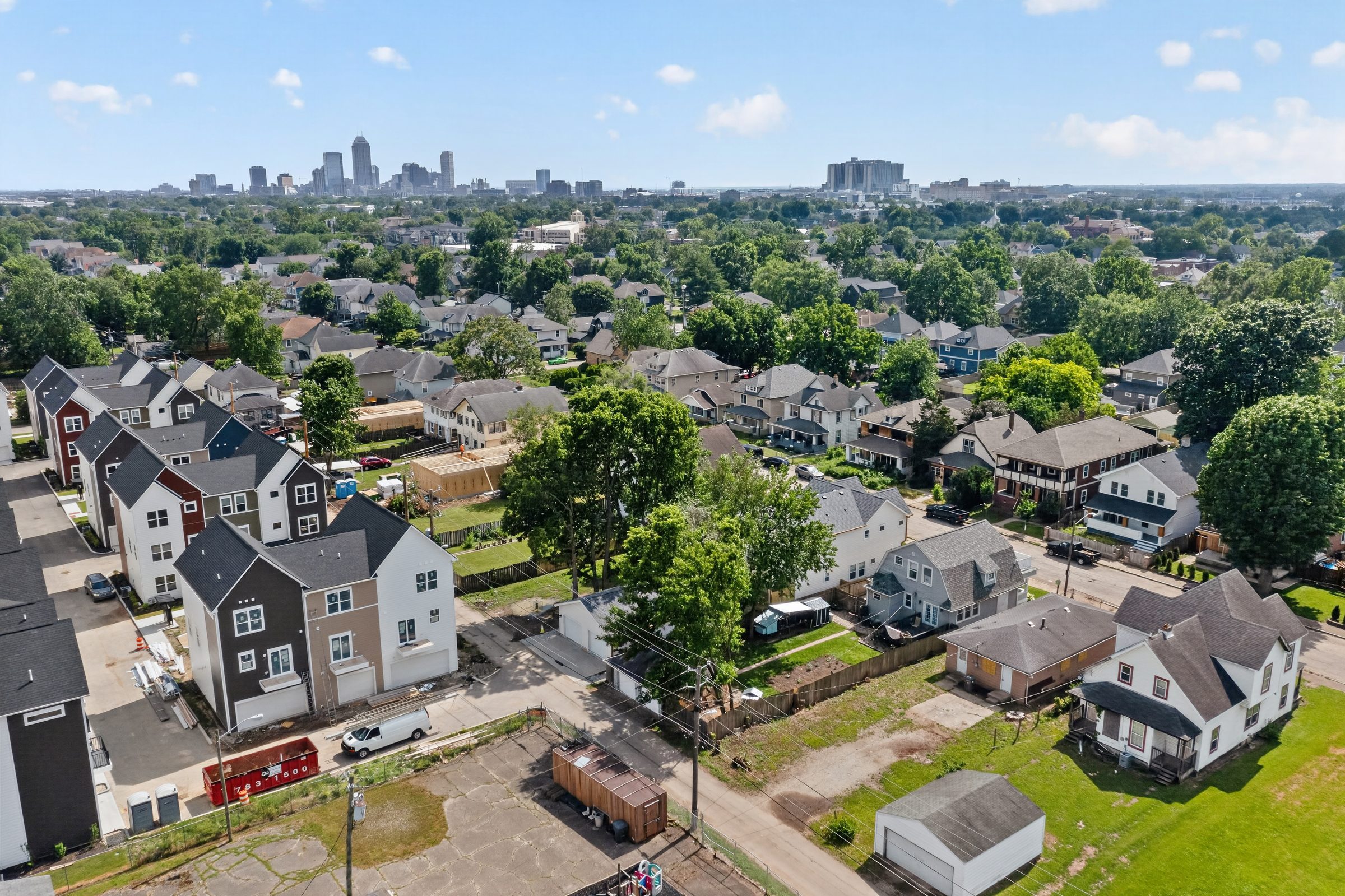 Aerial view of the neighborhood with the downtown Indianapolis skyline