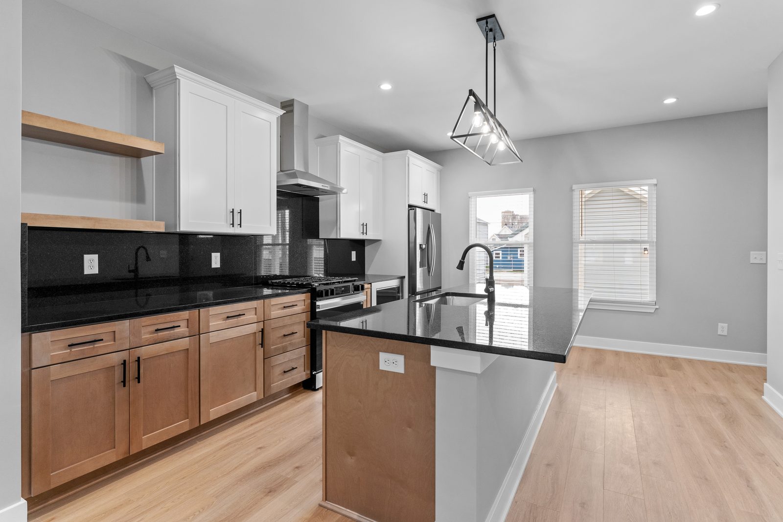 Wood and white kitchen with pendant light