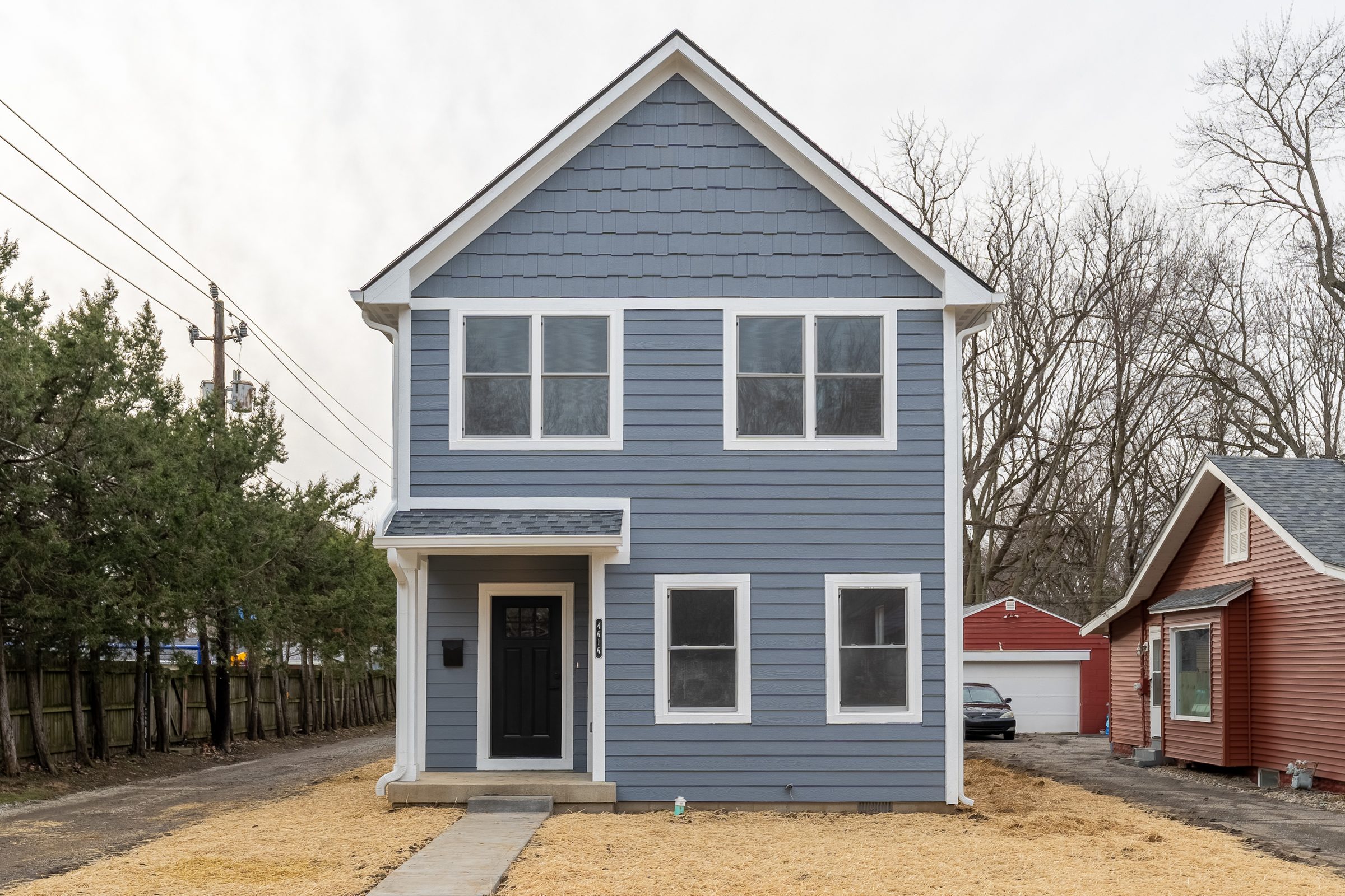 Slate-blue two-story exterior